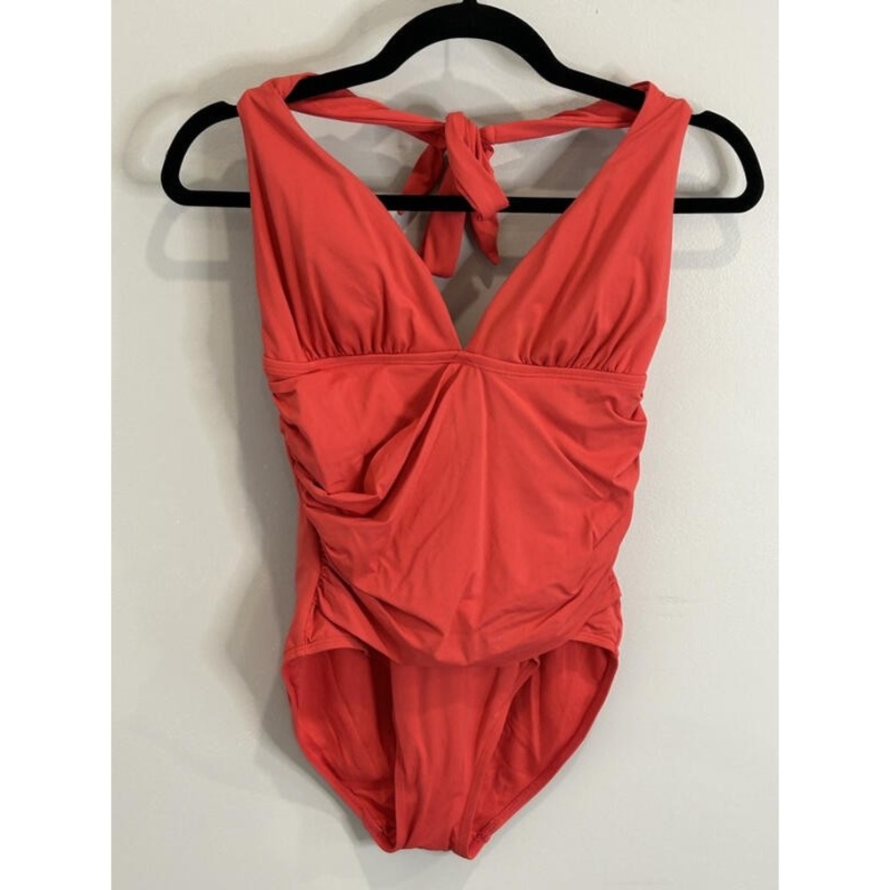Anne Cole Womens Coral Pink One Piece Swimsuit Halter Neck Ruched Sides 6